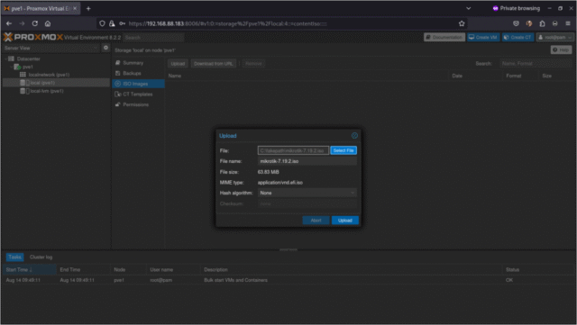 RouterOS proceso de instalación en proxmox paso 1