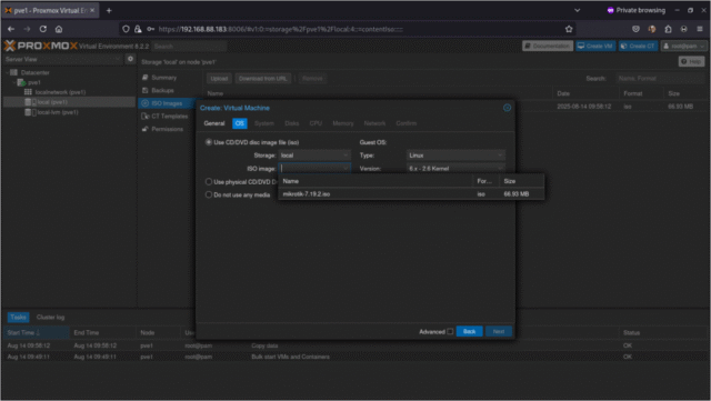 RouterOS proceso de instalación en proxmox paso 3